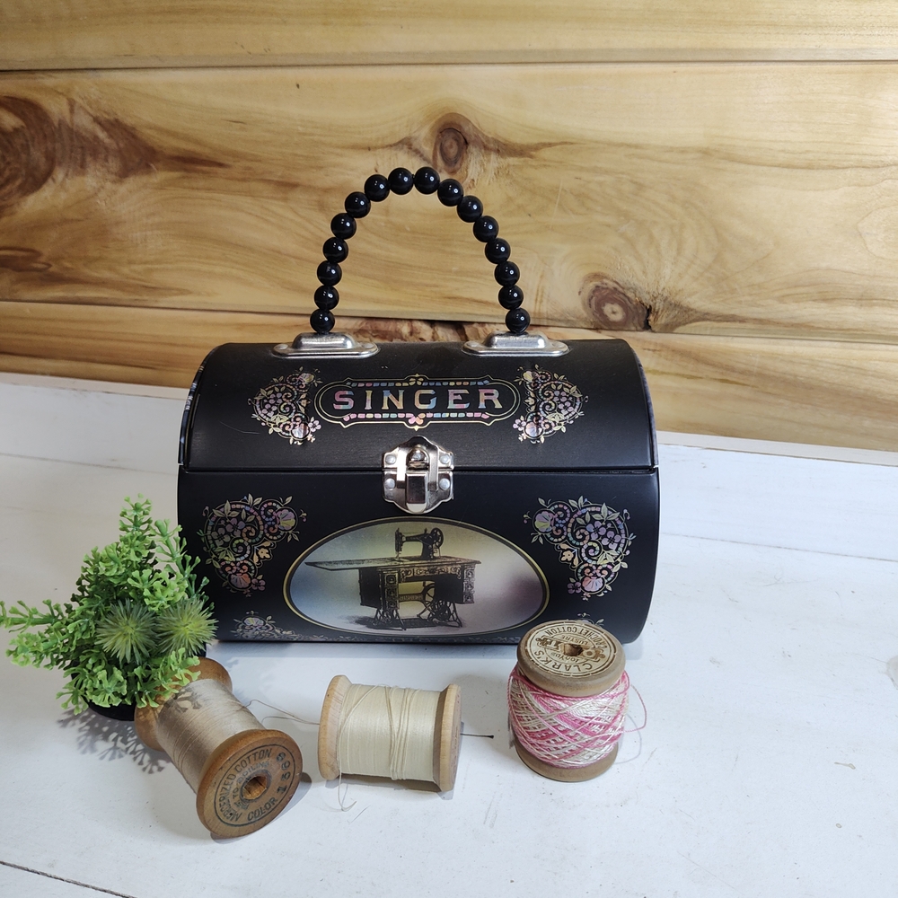 Singer Sewing Black Decorative Beaded Handled Storage Box Vintage Tin